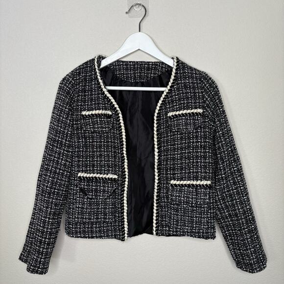 Women’s Tweed Bouclé Blazer Jacket Small Black White Cream Trim Open Front Lined - Picture 1 of 6